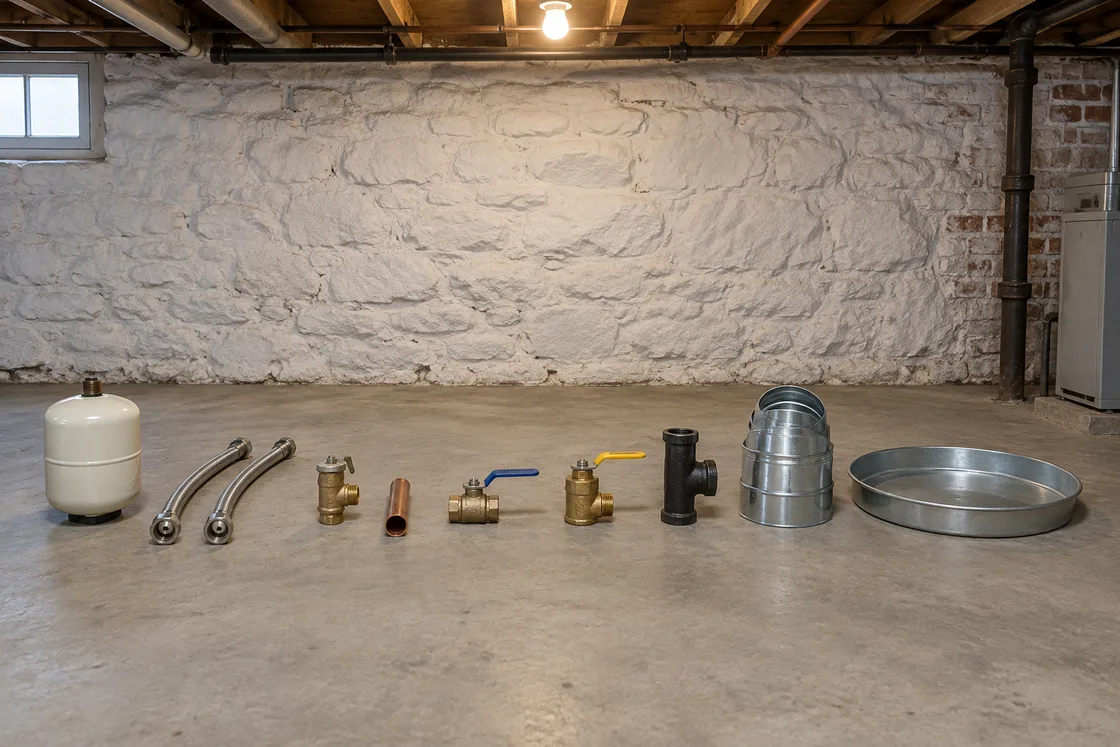 The parts of a water heater replacement laid out on a basement floor: an expansion tank, flexible connectors, a relief valve, ball valves, a gas trap tee, vent pipe and a drain pan