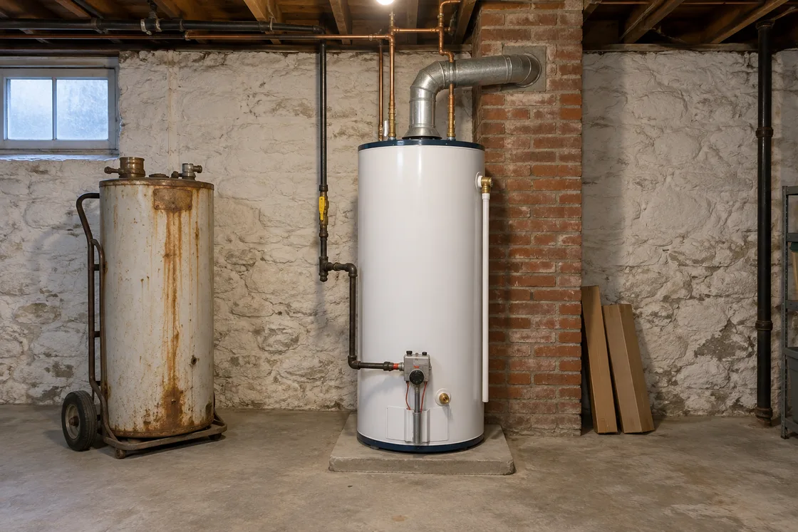 An old rust-streaked gas water heater on a hand truck beside the new tank that has taken its place, already connected to the gas line and the chimney