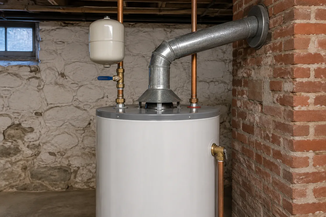 The top of a newly installed gas water heater, its vent connector sloping up into a brick chimney, with an expansion tank on the cold line and a relief valve pipe