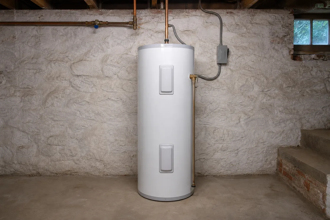 An electric tank water heater in a stone basement, its power conduit running to a disconnect box on the wall