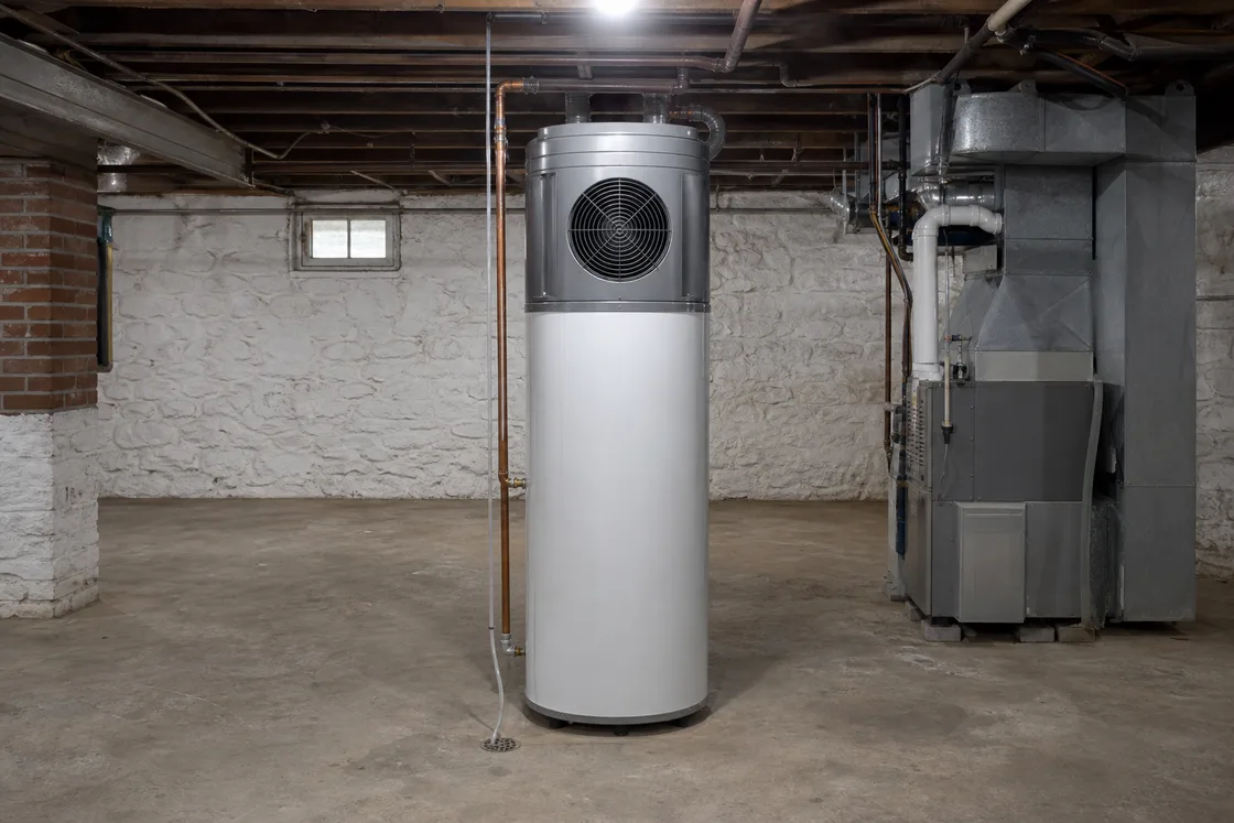 A hybrid heat pump water heater standing in an open unfinished basement, a gas furnace a few feet away
