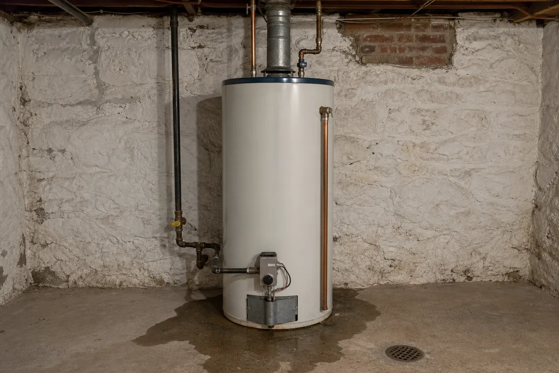 A gas water heater in a stone basement with water pooling on the floor around its base and the relief valve pipe running down its side
