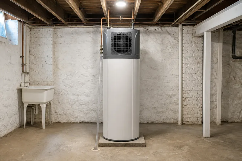 A hybrid heat pump water heater in an unfinished basement beside a laundry sink