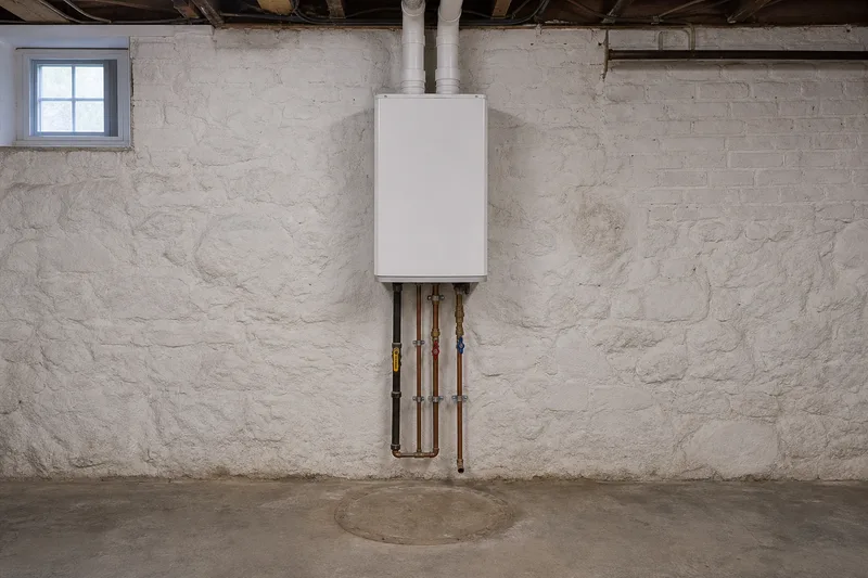 A wall-mounted tankless gas water heater on a whitewashed brick basement wall