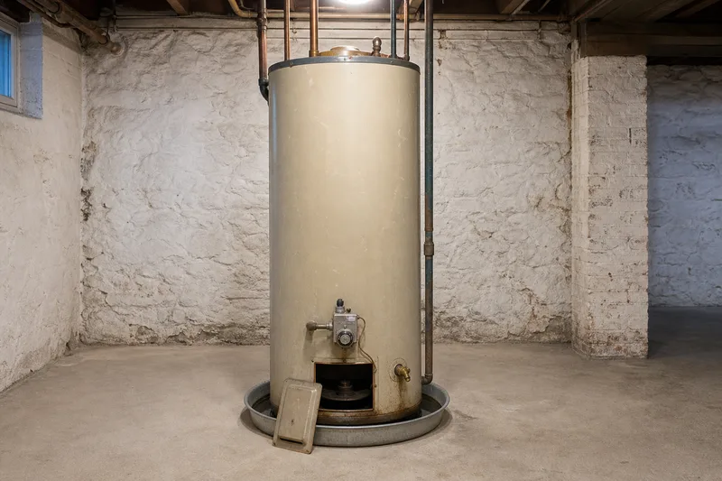 An older gas water heater in a drip pan with its burner access cover off