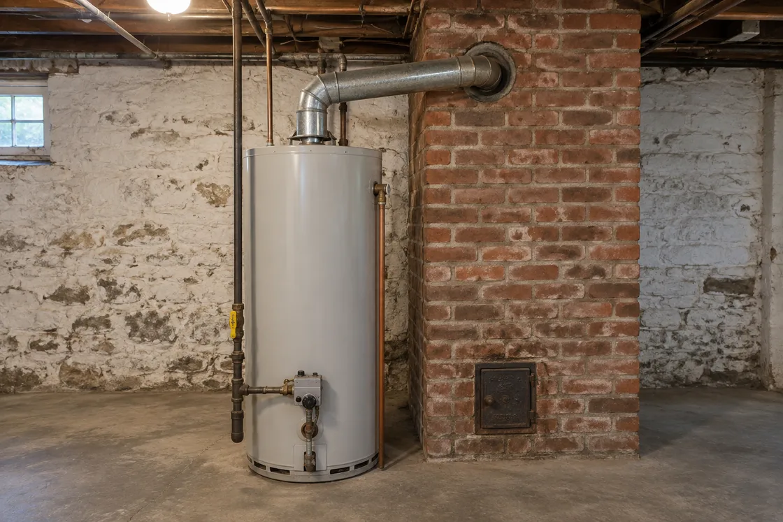 A gas water heater beside an old red brick chimney breast, its vent pipe entering the chimney and a small cast iron clean-out door near the floor
