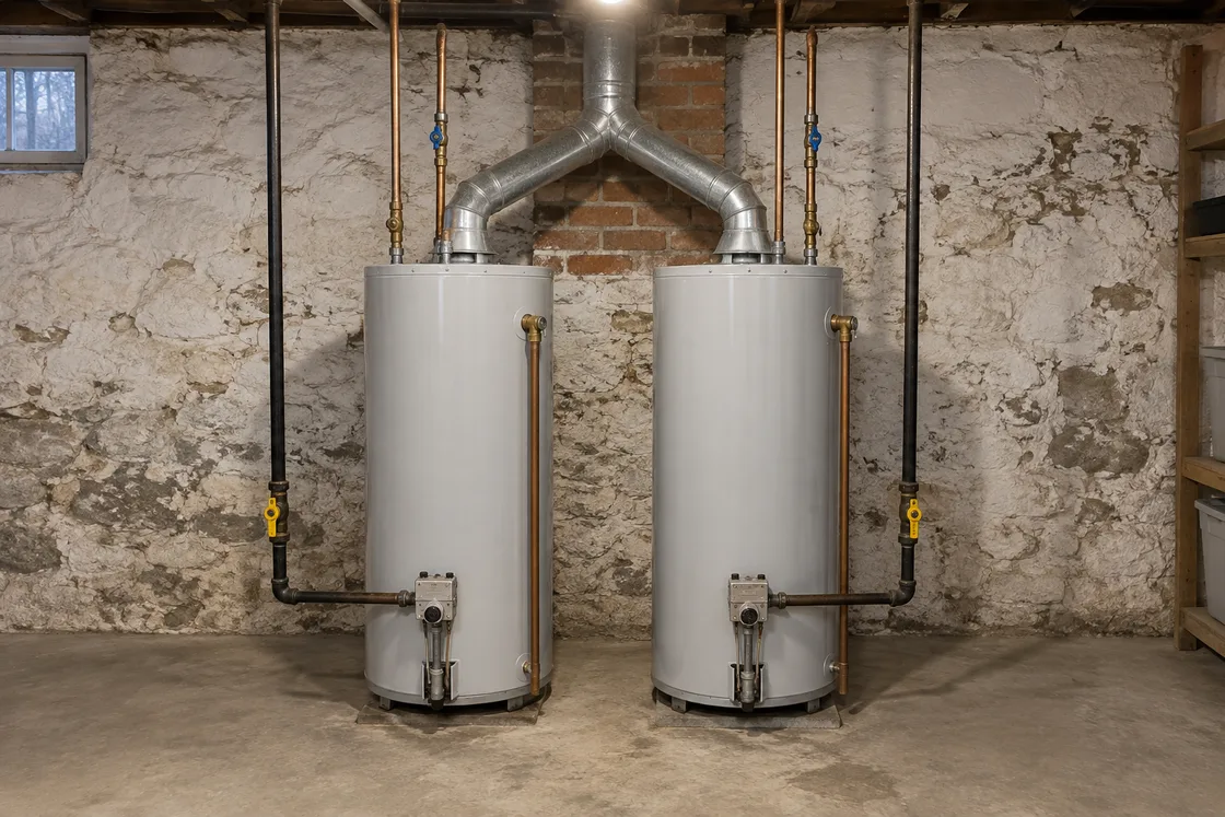 Two gas water heaters side by side in a stone basement, their vent pipes joining above them before entering a brick chimney