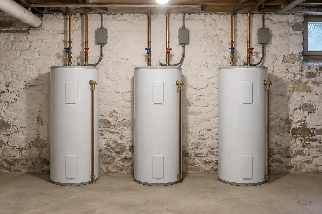 Three identical white electric water heaters in a row in a stone basement, each with its own conduit and disconnect box on the wall above