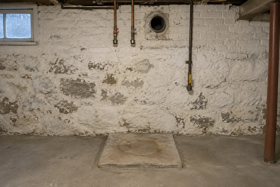 An empty concrete pad on a basement floor with a rust ring where a water heater stood, capped water and gas lines above it and an open vent hole in the wall