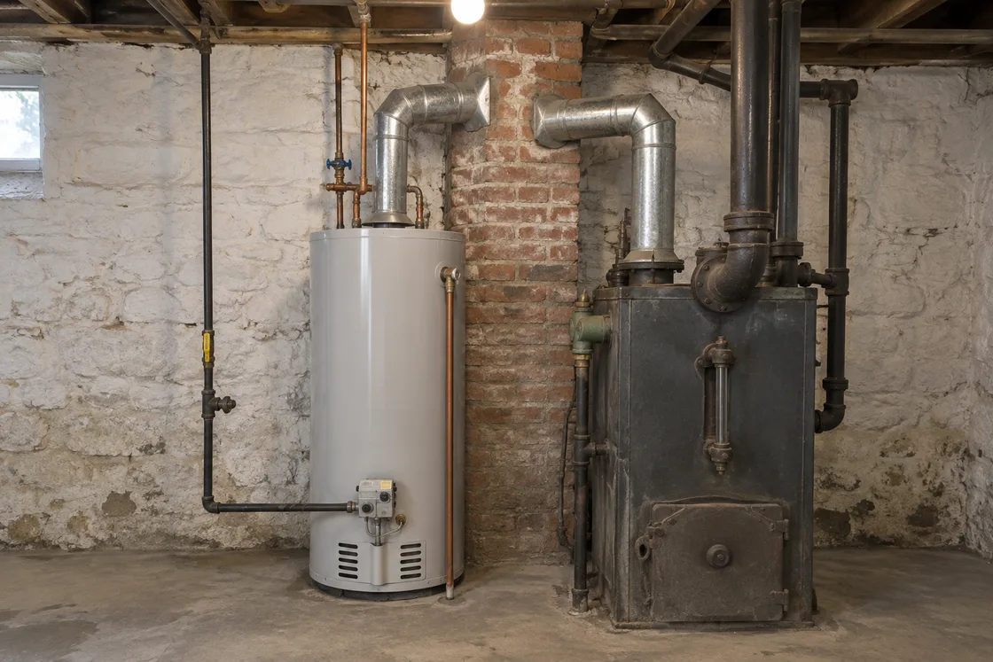 A gas water heater beside an old cast iron steam boiler, both venting into one brick chimney, with the gas line coming down the wall to the heater