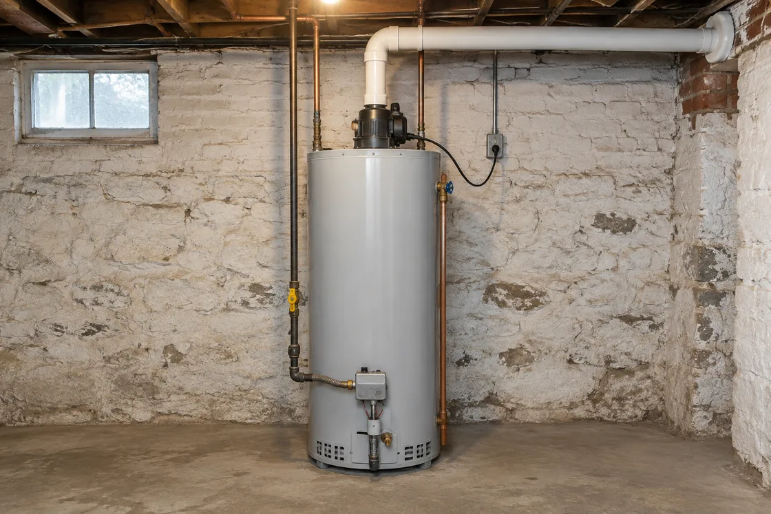 A power-vent gas water heater in a whitewashed stone basement, a white plastic vent pipe running from its blower along the joists to the outside wall