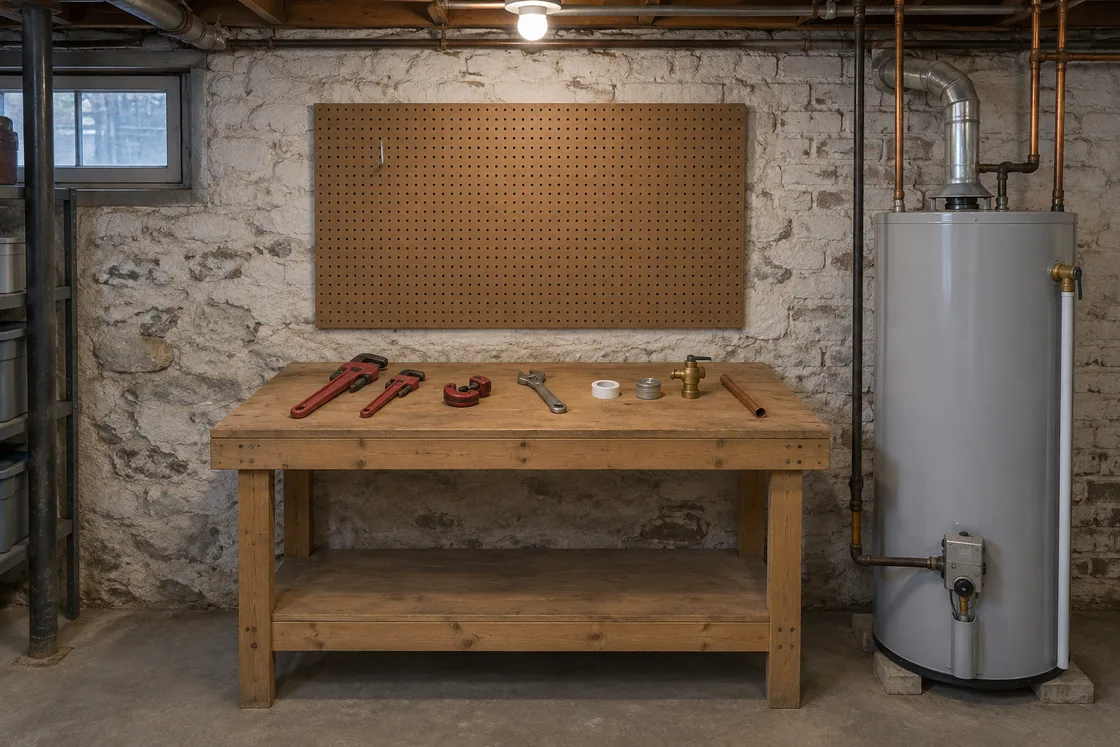 A wooden workbench in a stone basement with pipe wrenches, a tubing cutter, thread tape and a relief valve laid on it, and a gas water heater standing beside it