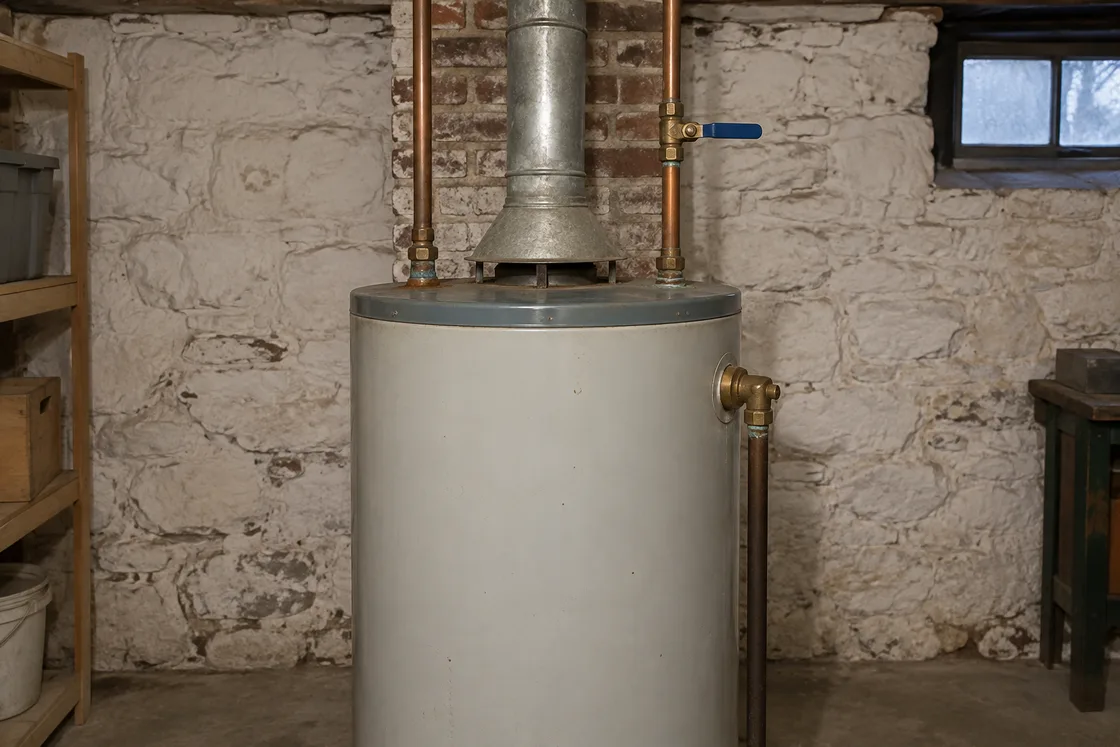 The top of an older gas water heater against a stone basement wall, with its copper water pipes, a ball valve, the vent rising to a brick chimney and the relief valve pipe running down its side